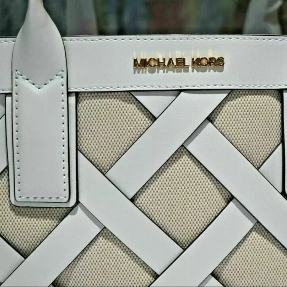 MICHAEL KORS SIENNA Large Tote Shoulder BAG In OPTIC WHITE Leather Canvas_3
